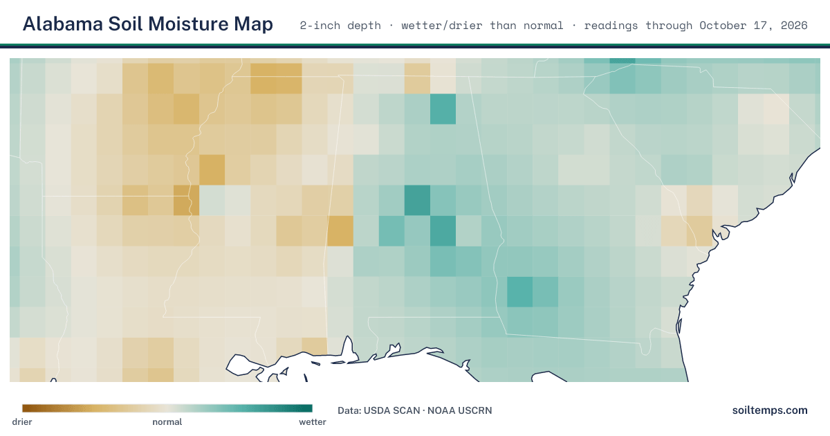 Map of soil moisture across Alabama, showing where the ground is wetter or drier than normal