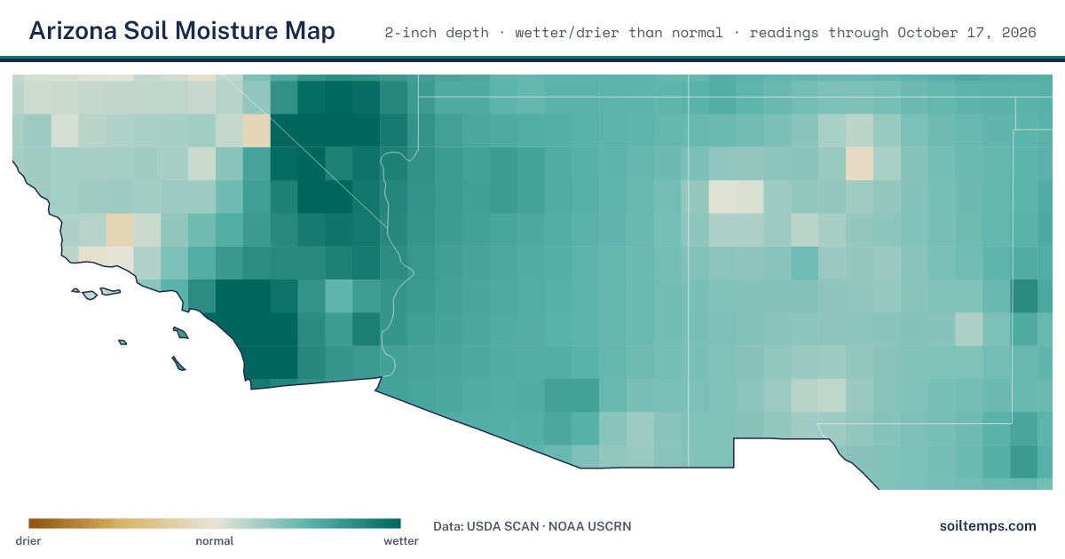 Map of soil moisture across Arizona, showing where the ground is wetter or drier than normal