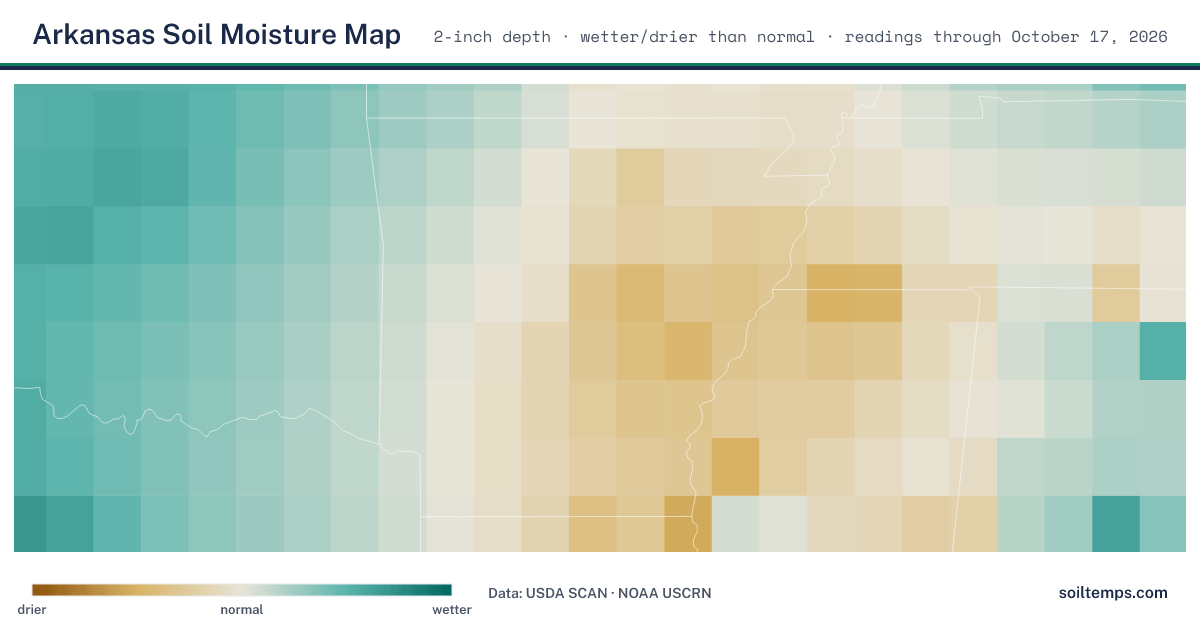 Map of soil moisture across Arkansas, showing where the ground is wetter or drier than normal