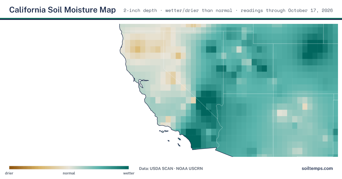 Map of soil moisture across California, showing where the ground is wetter or drier than normal