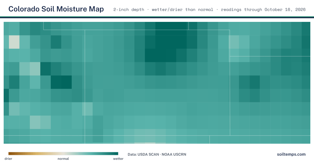 Map of soil moisture across Colorado, showing where the ground is wetter or drier than normal