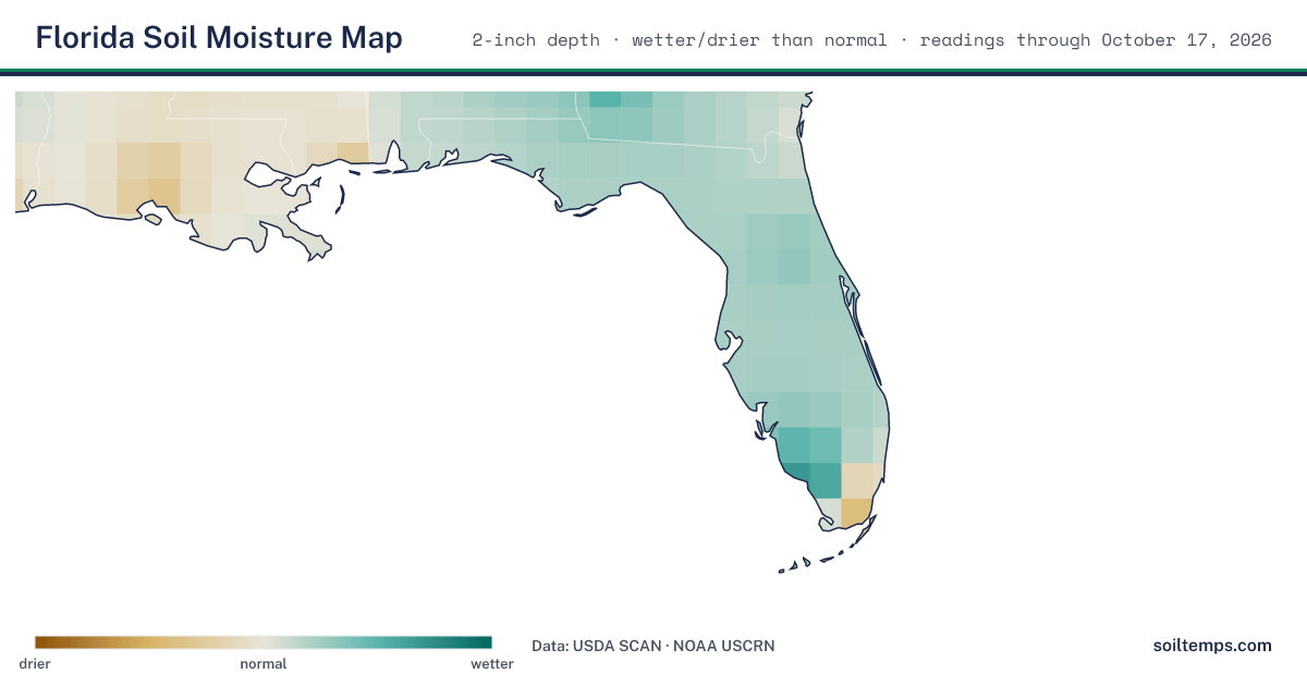 Map of soil moisture across Florida, showing where the ground is wetter or drier than normal