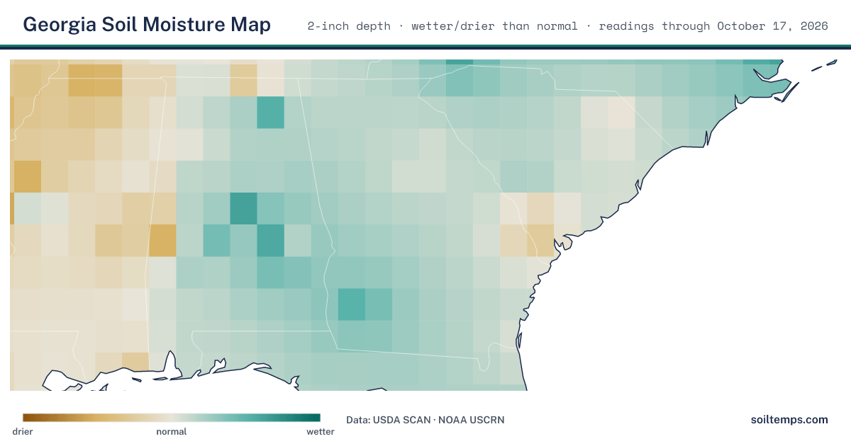 Map of soil moisture across Georgia, showing where the ground is wetter or drier than normal