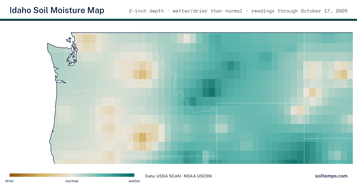 Map of soil moisture across Idaho, showing where the ground is wetter or drier than normal