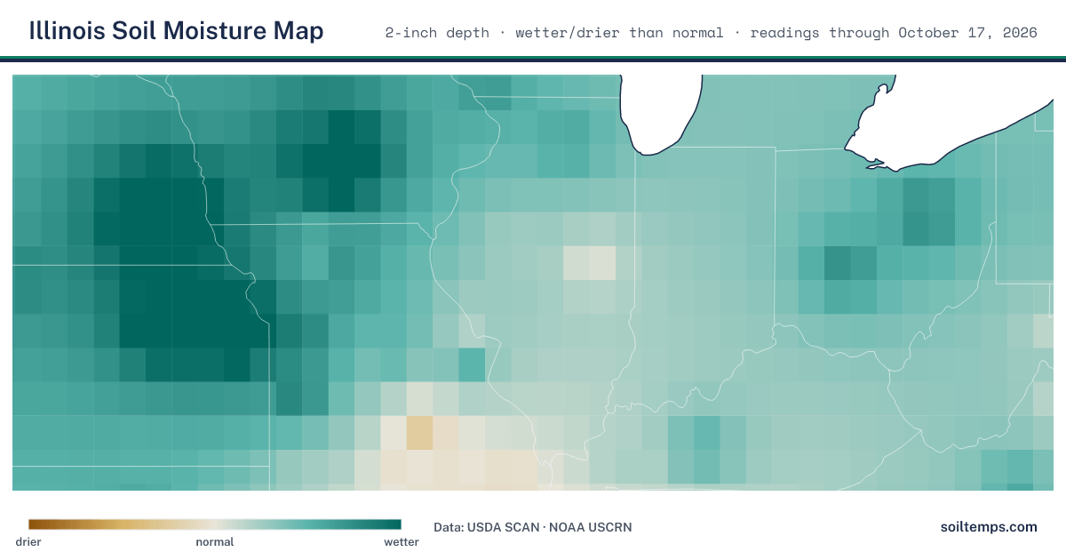 Map of soil moisture across Illinois, showing where the ground is wetter or drier than normal