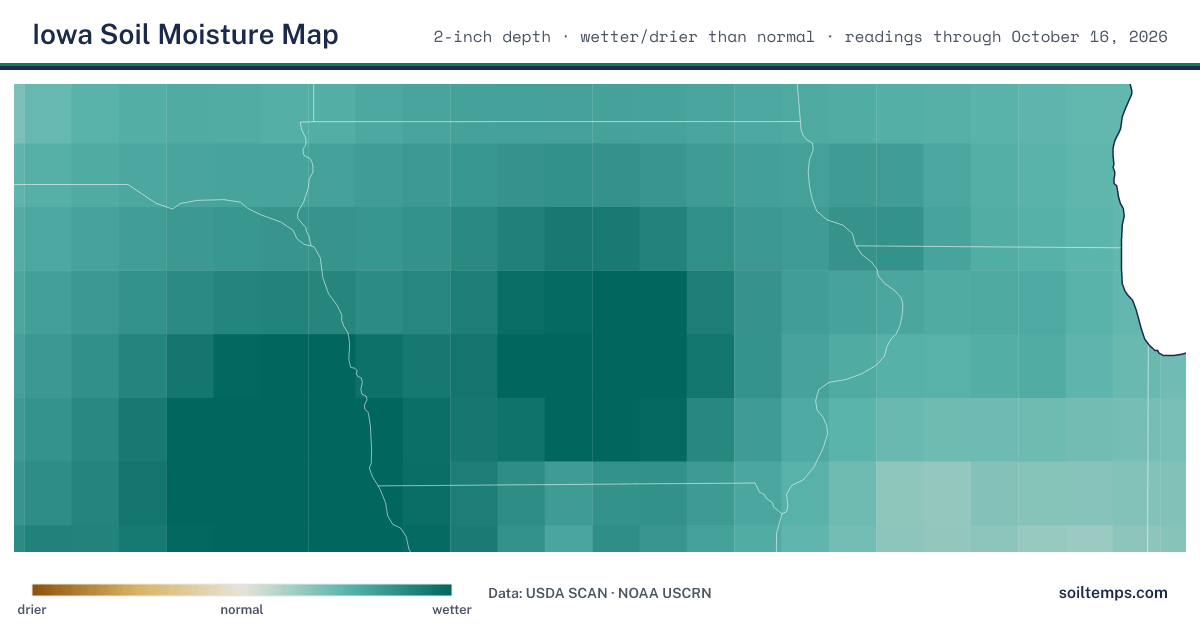 Map of soil moisture across Iowa, showing where the ground is wetter or drier than normal