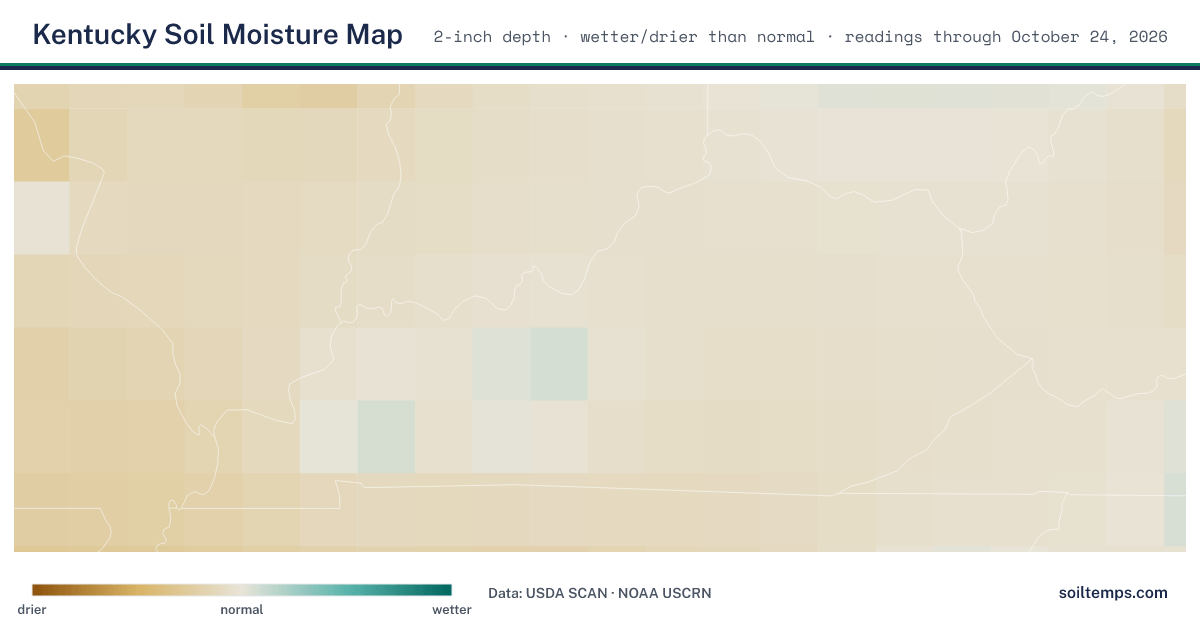 Map of soil moisture across Kentucky, showing where the ground is wetter or drier than normal
