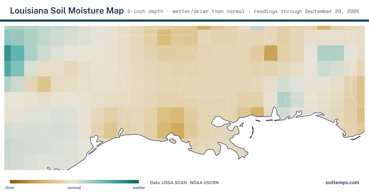 Map of soil moisture across Louisiana, showing where the ground is wetter or drier than normal