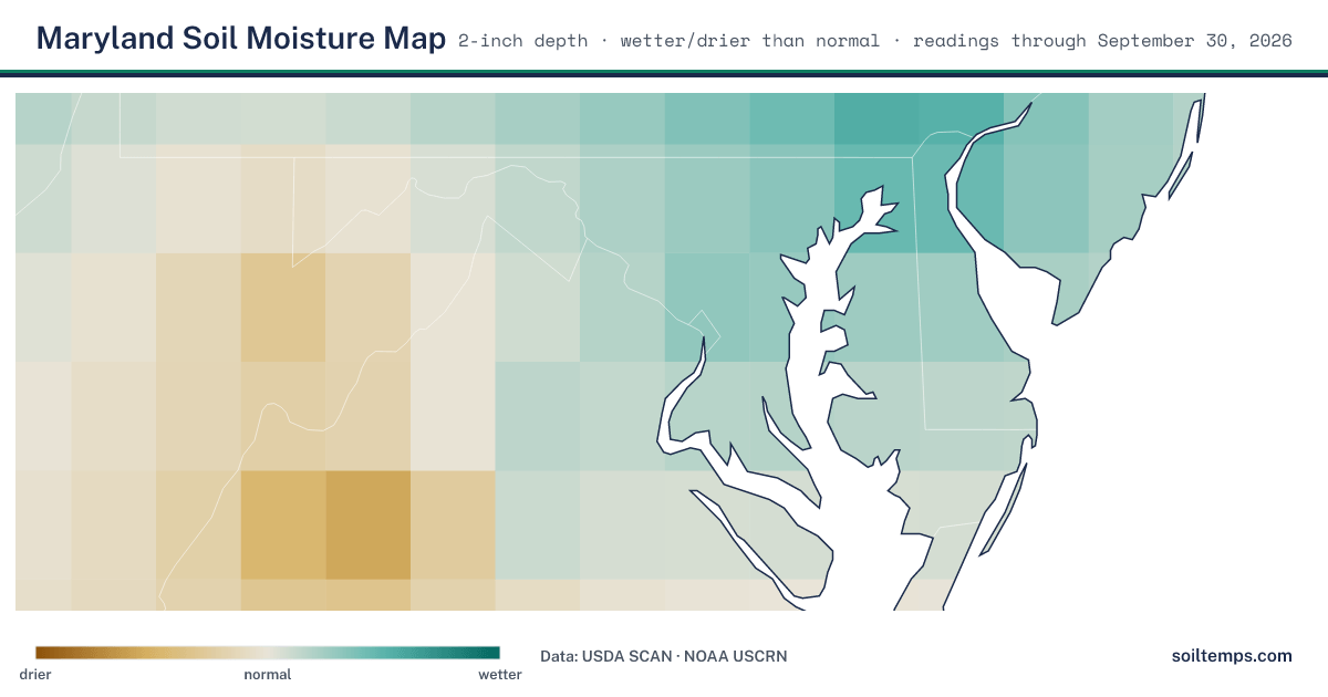 Map of soil moisture across Maryland, showing where the ground is wetter or drier than normal
