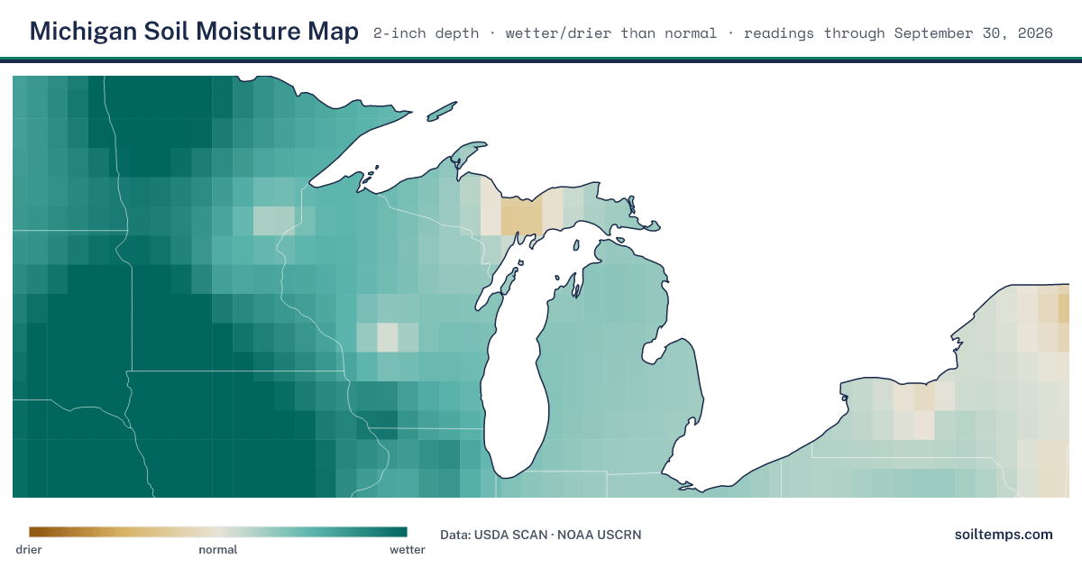 Map of soil moisture across Michigan, showing where the ground is wetter or drier than normal