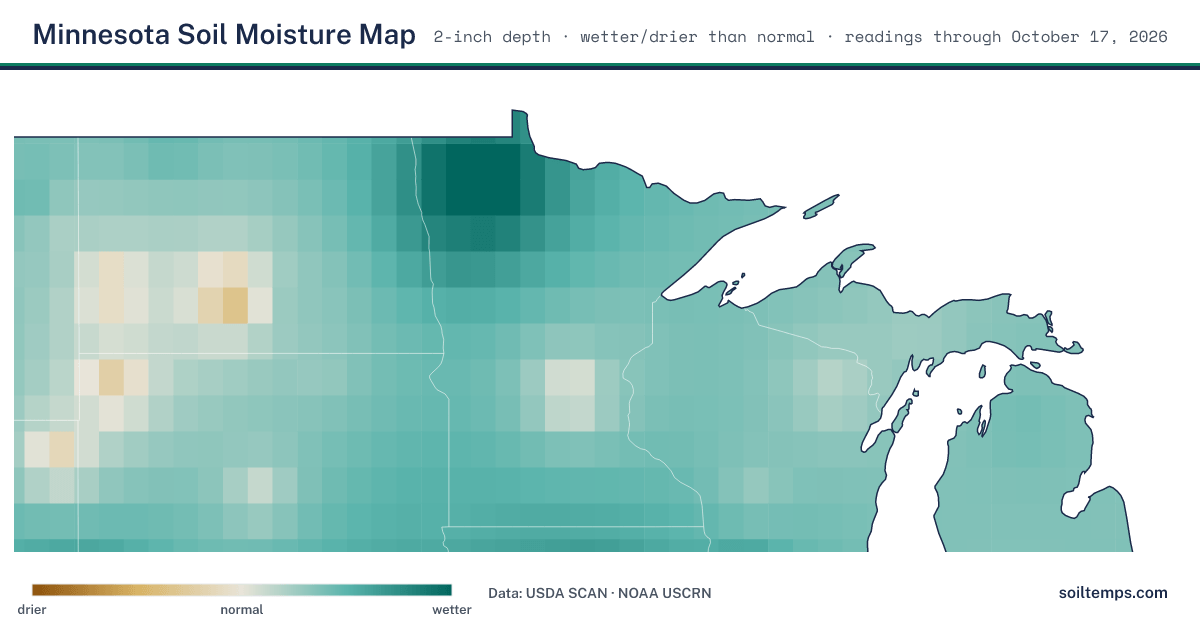 Map of soil moisture across Minnesota, showing where the ground is wetter or drier than normal