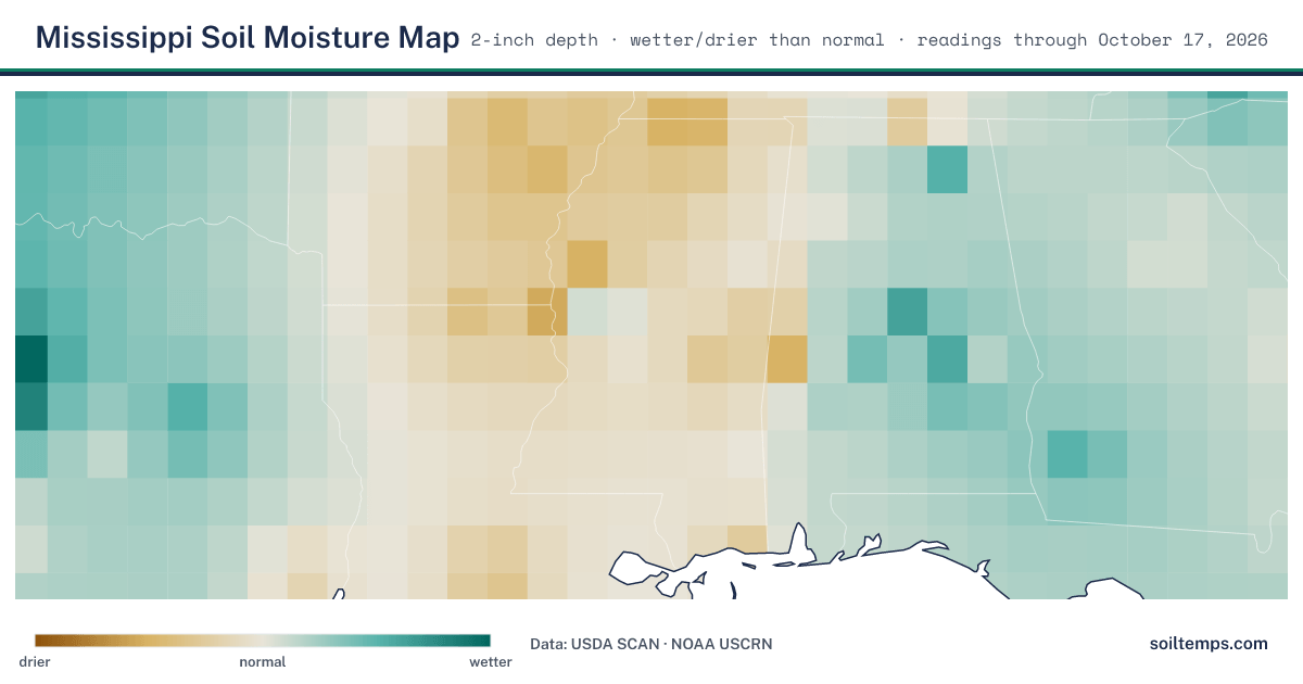 Map of soil moisture across Mississippi, showing where the ground is wetter or drier than normal