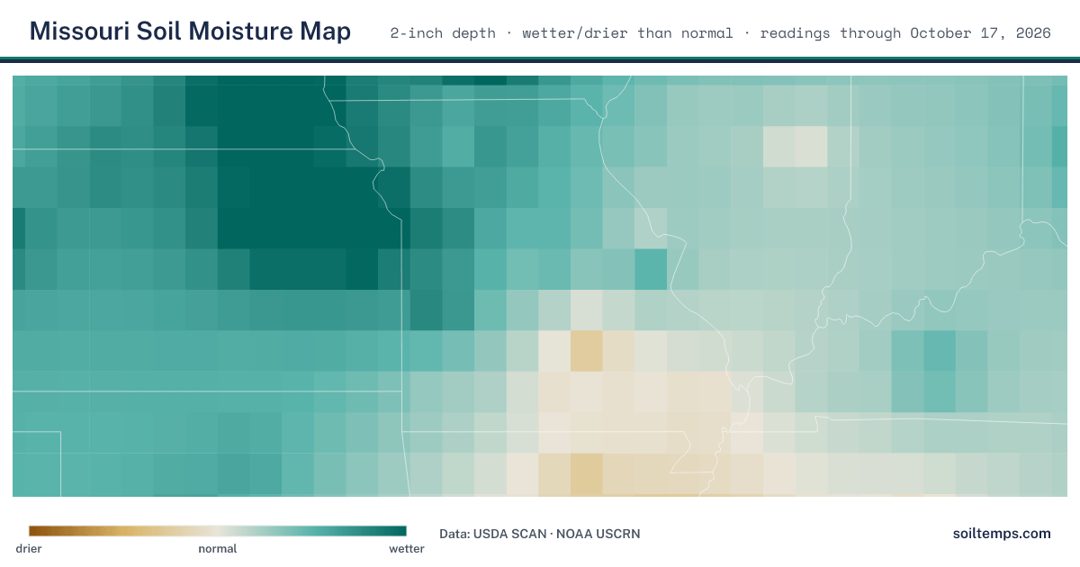 Map of soil moisture across Missouri, showing where the ground is wetter or drier than normal