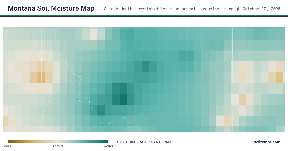 Map of soil moisture across Montana, showing where the ground is wetter or drier than normal