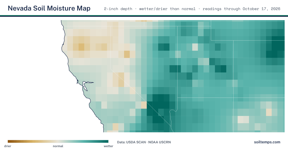 Map of soil moisture across Nevada, showing where the ground is wetter or drier than normal