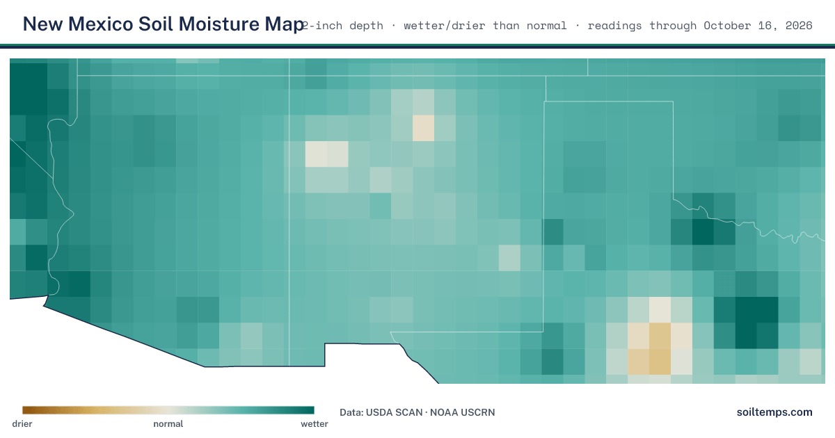 Map of soil moisture across New Mexico, showing where the ground is wetter or drier than normal