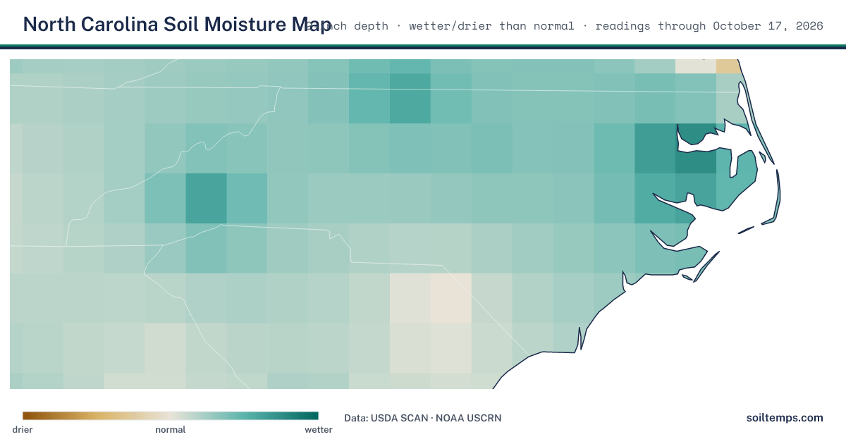 Map of soil moisture across North Carolina, showing where the ground is wetter or drier than normal