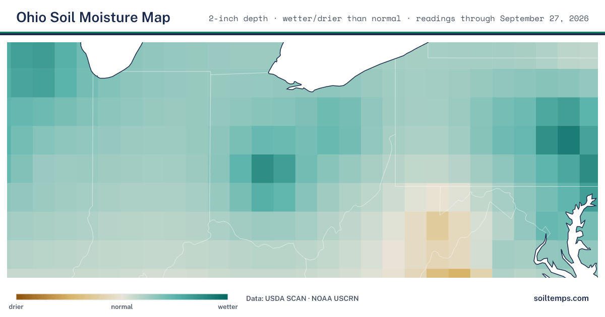 Map of soil moisture across Ohio, showing where the ground is wetter or drier than normal