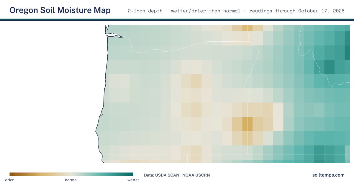 Map of soil moisture across Oregon, showing where the ground is wetter or drier than normal