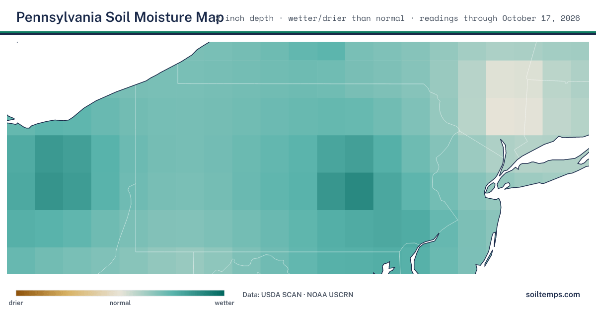 Map of soil moisture across Pennsylvania, showing where the ground is wetter or drier than normal