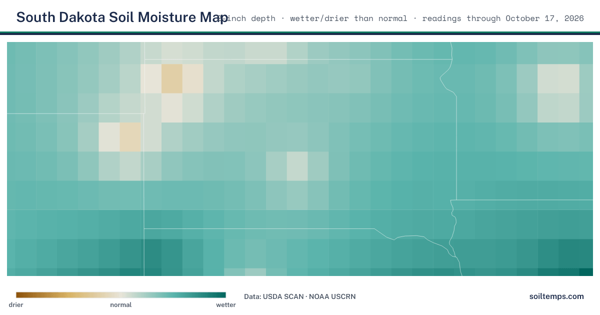Map of soil moisture across South Dakota, showing where the ground is wetter or drier than normal