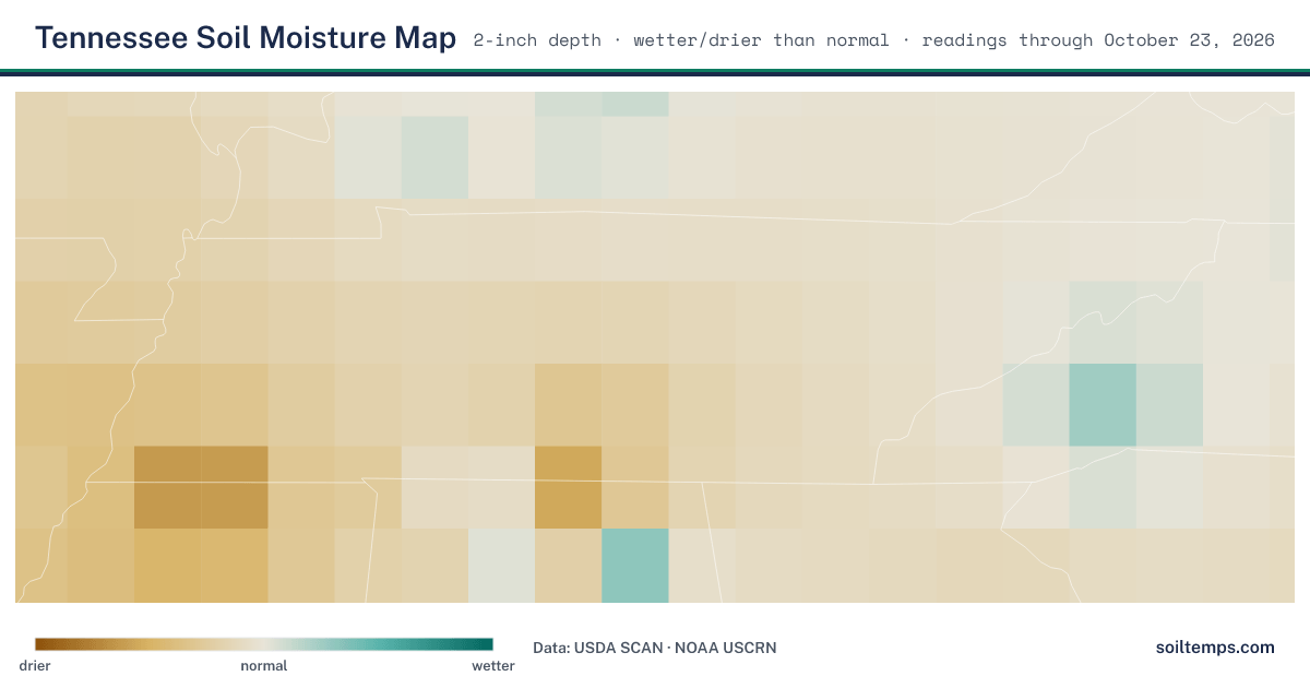 Map of soil moisture across Tennessee, showing where the ground is wetter or drier than normal