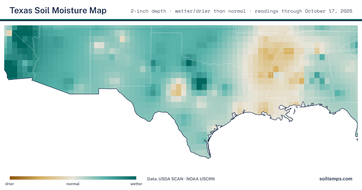Map of soil moisture across Texas, showing where the ground is wetter or drier than normal