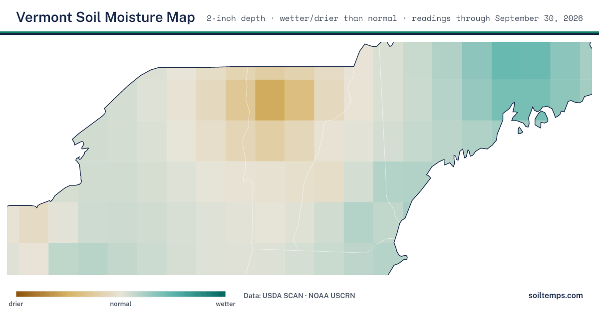 Map of soil moisture across Vermont, showing where the ground is wetter or drier than normal
