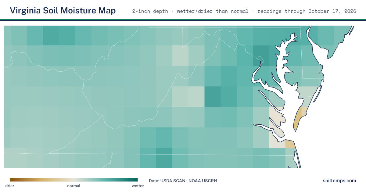 Map of soil moisture across Virginia, showing where the ground is wetter or drier than normal