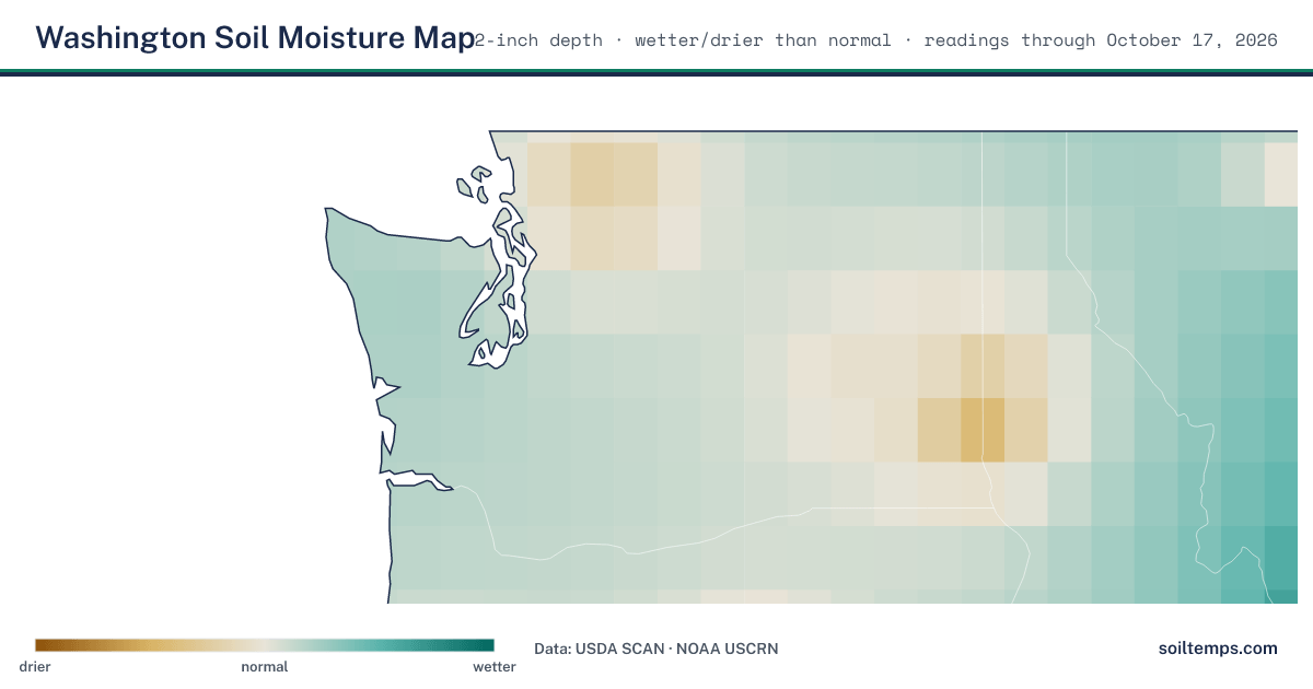 Map of soil moisture across Washington, showing where the ground is wetter or drier than normal