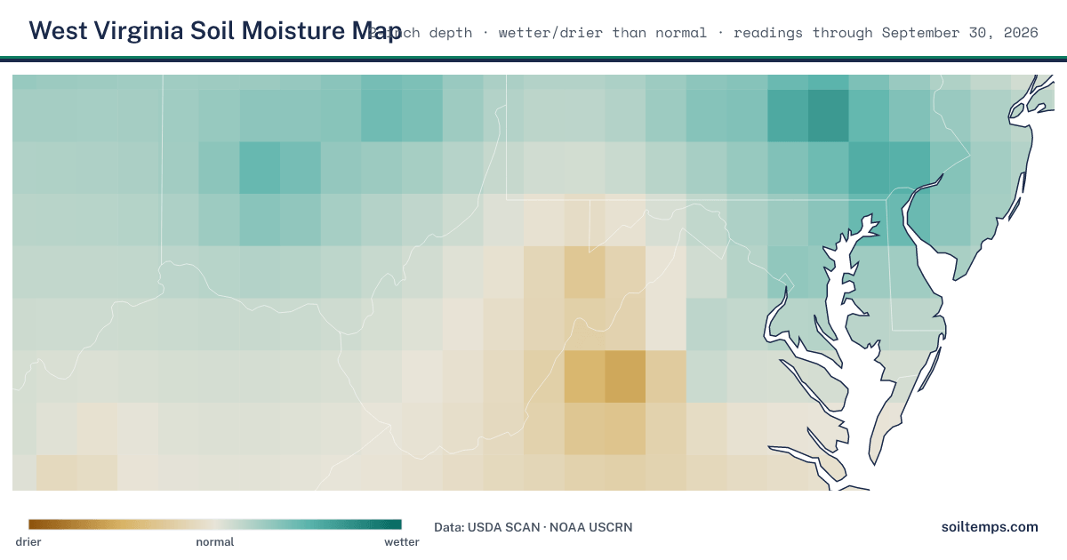 Map of soil moisture across West Virginia, showing where the ground is wetter or drier than normal