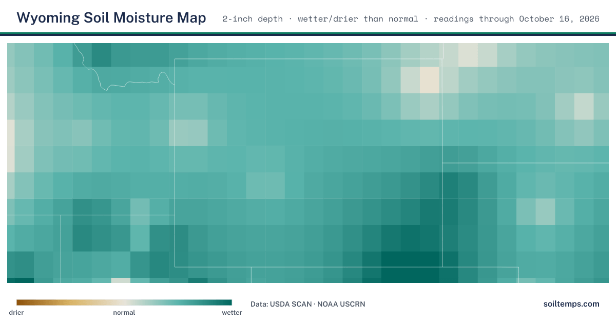 Map of soil moisture across Wyoming, showing where the ground is wetter or drier than normal