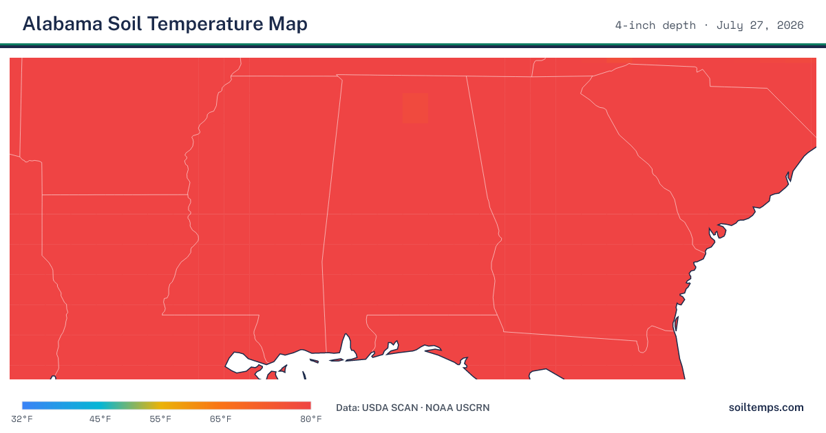 Map of current soil temperatures across Alabama at 4-inch depth, interpolated from USDA SCAN and NOAA USCRN stations