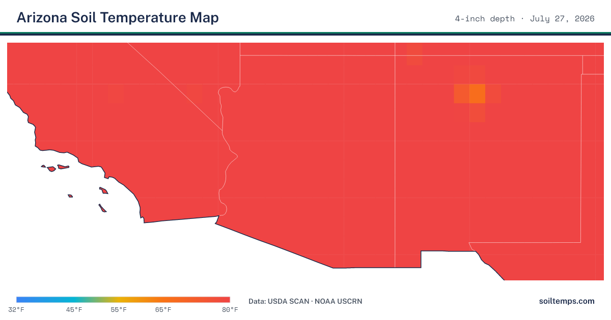 Map of current soil temperatures across Arizona at 4-inch depth, interpolated from USDA SCAN and NOAA USCRN stations