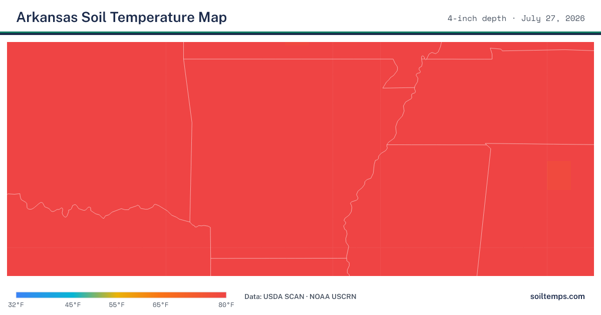 Map of current soil temperatures across Arkansas at 4-inch depth, interpolated from USDA SCAN and NOAA USCRN stations