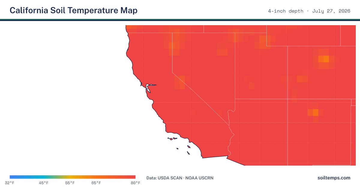 Map of current soil temperatures across California at 4-inch depth, interpolated from USDA SCAN and NOAA USCRN stations