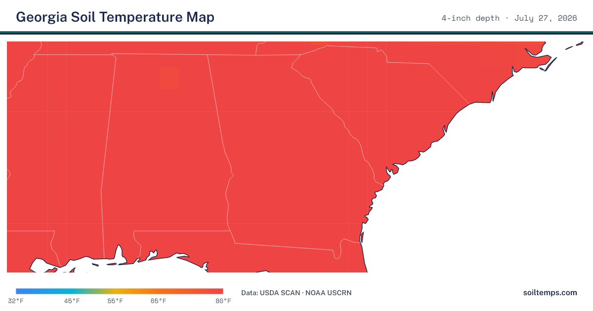 Map of current soil temperatures across Georgia at 4-inch depth, interpolated from USDA SCAN and NOAA USCRN stations