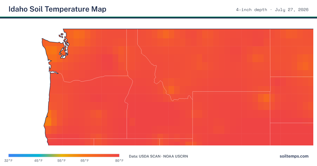 Map of current soil temperatures across Idaho at 4-inch depth, interpolated from USDA SCAN and NOAA USCRN stations
