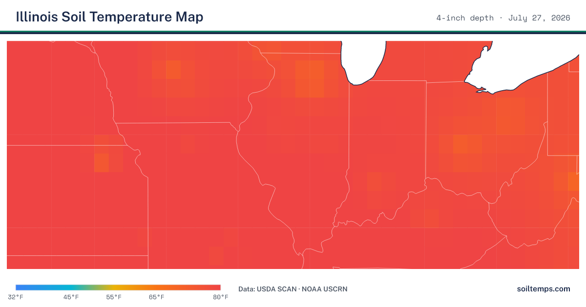 Map of current soil temperatures across Illinois at 4-inch depth, interpolated from USDA SCAN and NOAA USCRN stations