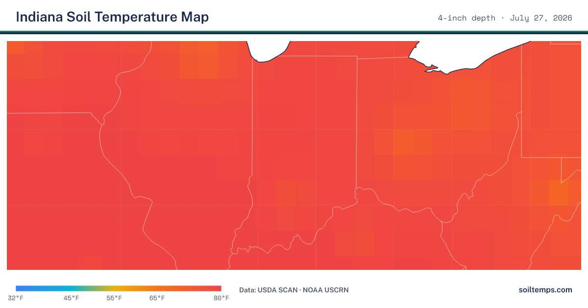 Map of current soil temperatures across Indiana at 4-inch depth, interpolated from USDA SCAN and NOAA USCRN stations