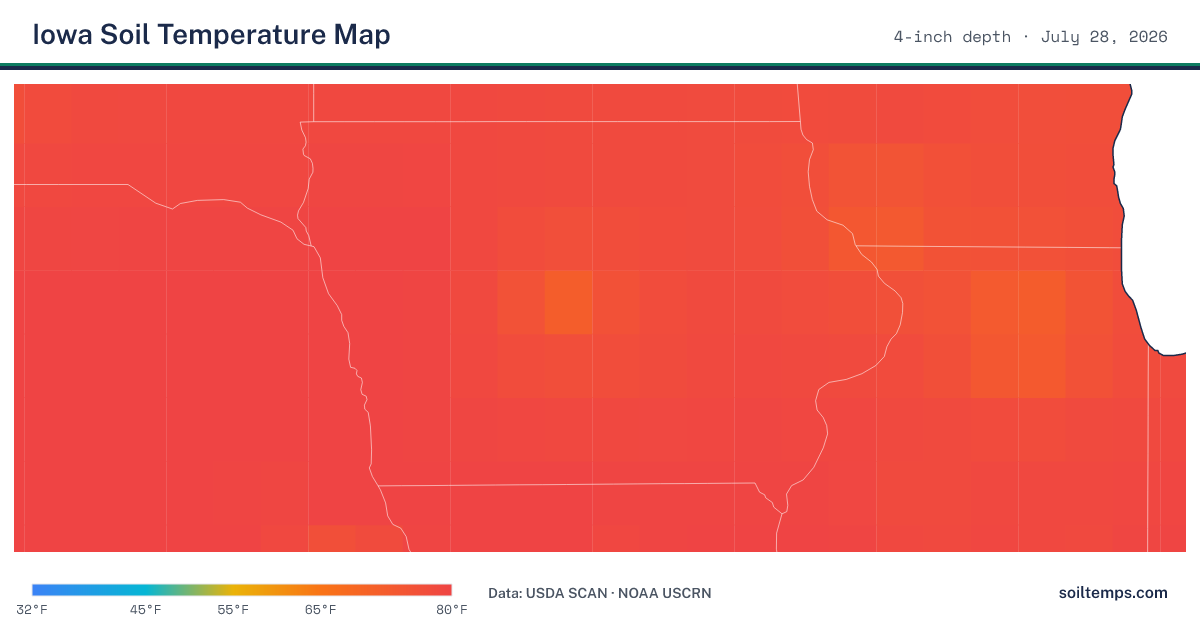 Map of current soil temperatures across Iowa at 4-inch depth, interpolated from USDA SCAN and NOAA USCRN stations