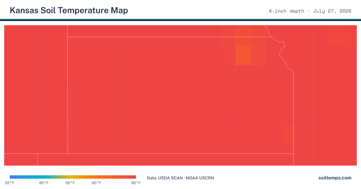 Map of current soil temperatures across Kansas at 4-inch depth, interpolated from USDA SCAN and NOAA USCRN stations