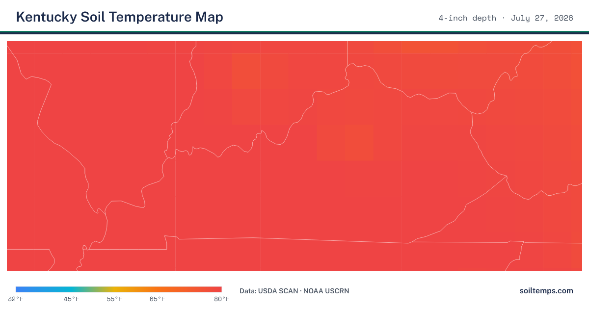 Map of current soil temperatures across Kentucky at 4-inch depth, interpolated from USDA SCAN and NOAA USCRN stations