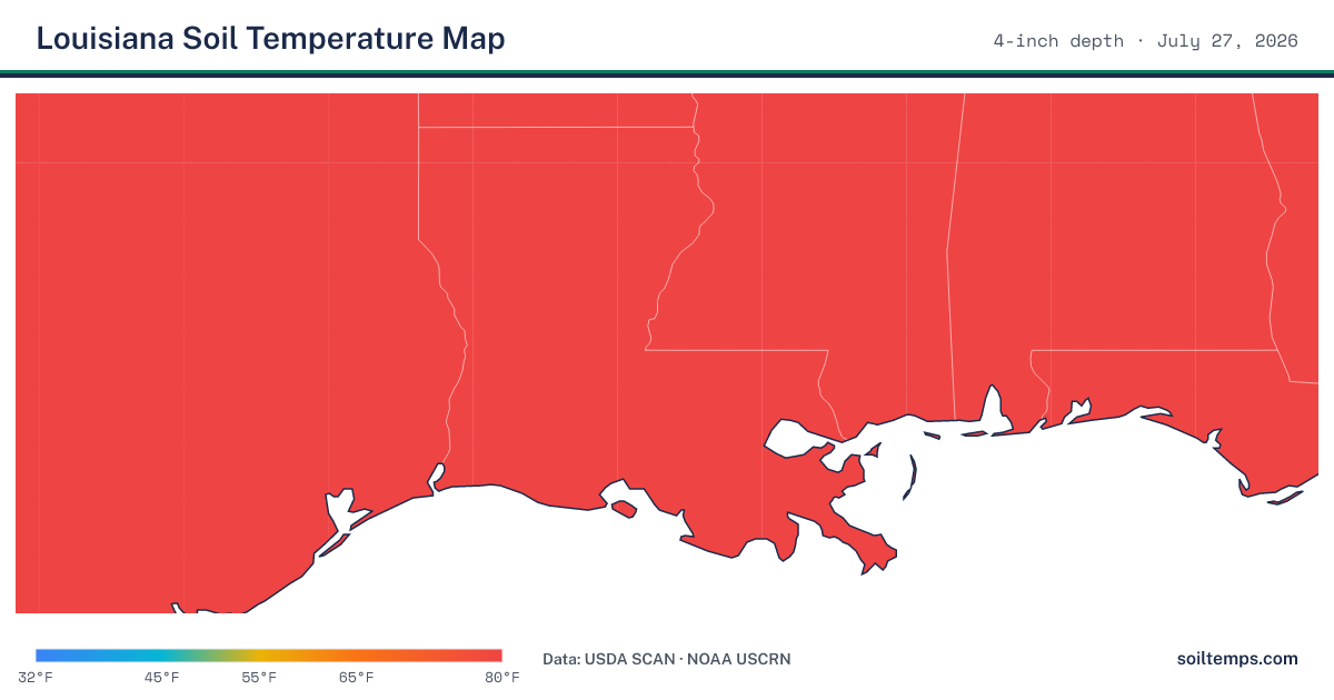 Map of current soil temperatures across Louisiana at 4-inch depth, interpolated from USDA SCAN and NOAA USCRN stations