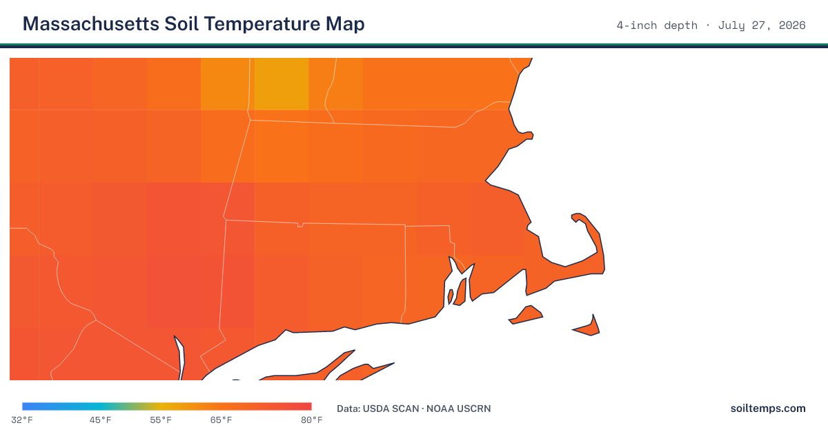 Map of current soil temperatures across Massachusetts at 4-inch depth, interpolated from USDA SCAN and NOAA USCRN stations