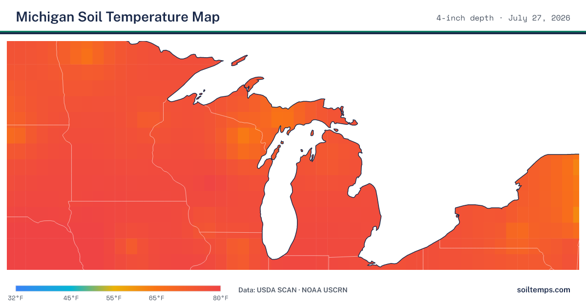 Map of current soil temperatures across Michigan at 4-inch depth, interpolated from USDA SCAN and NOAA USCRN stations