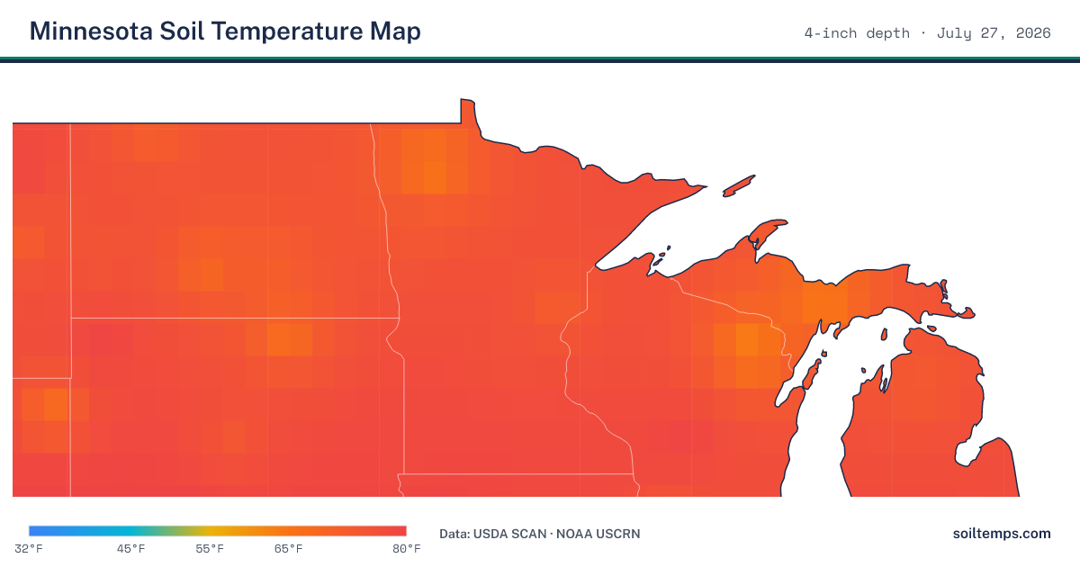Map of current soil temperatures across Minnesota at 4-inch depth, interpolated from USDA SCAN and NOAA USCRN stations