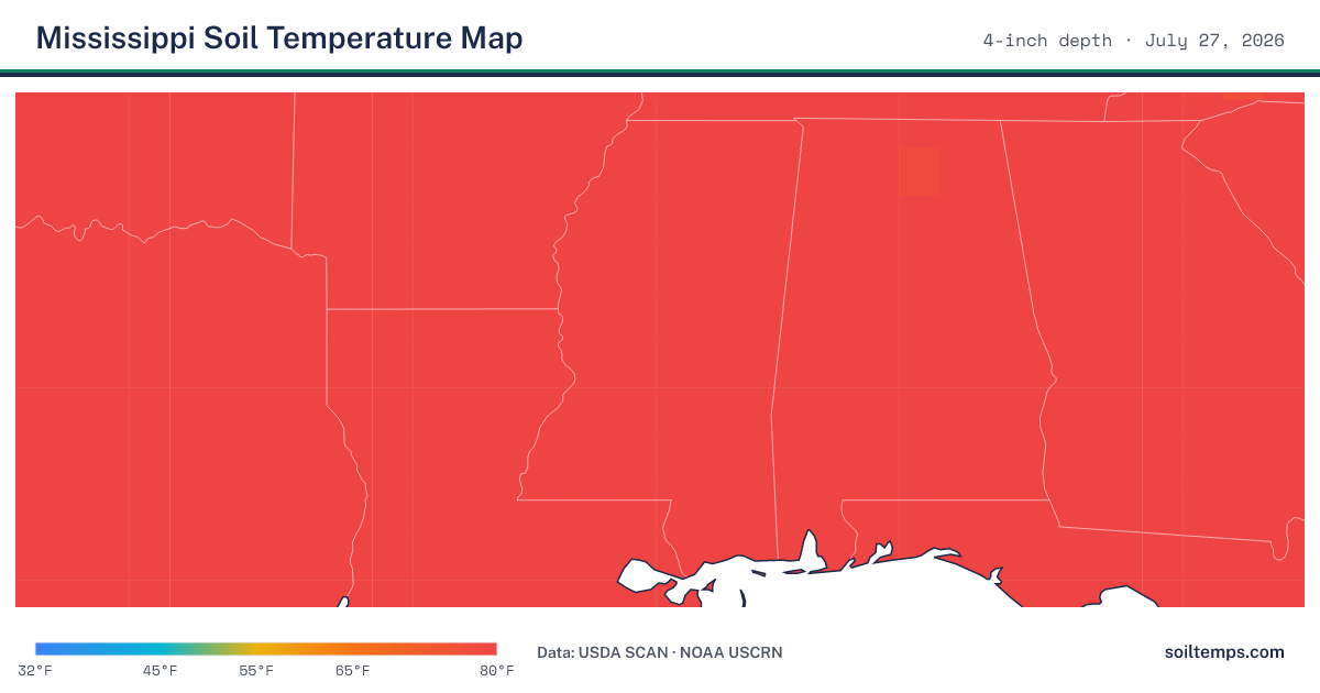 Map of current soil temperatures across Mississippi at 4-inch depth, interpolated from USDA SCAN and NOAA USCRN stations