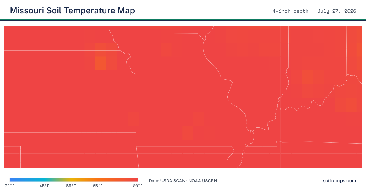 Map of current soil temperatures across Missouri at 4-inch depth, interpolated from USDA SCAN and NOAA USCRN stations