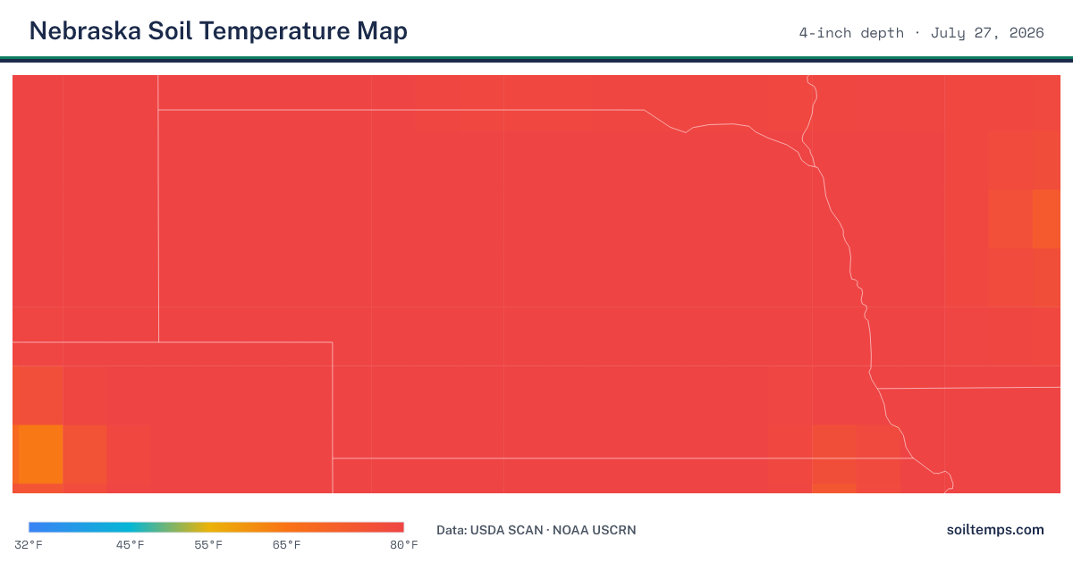 Map of current soil temperatures across Nebraska at 4-inch depth, interpolated from USDA SCAN and NOAA USCRN stations